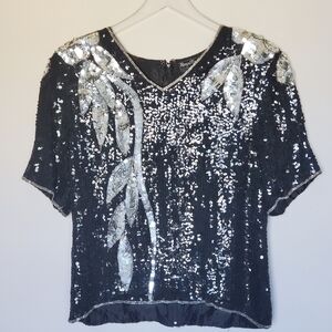 Royal Feelings Vintage 80s Y2K Floral Sequin Silk Top Black Silver Womens Size L